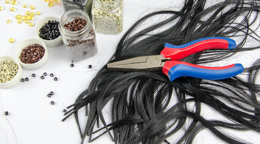 pot of nano rings and hair extensions